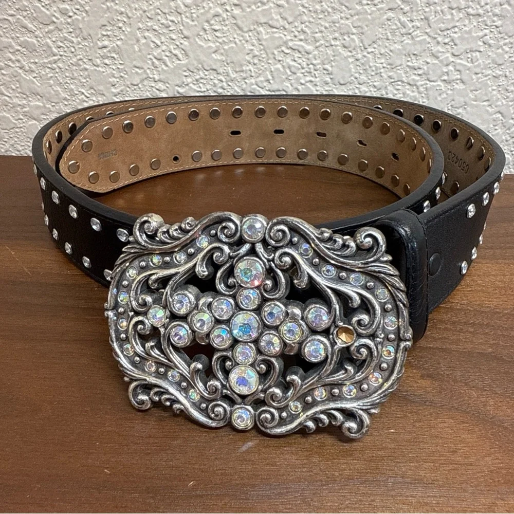 Tony Lama Black Leather Belt with Ornate Silver-Tone Rhinestone Cross Buckle